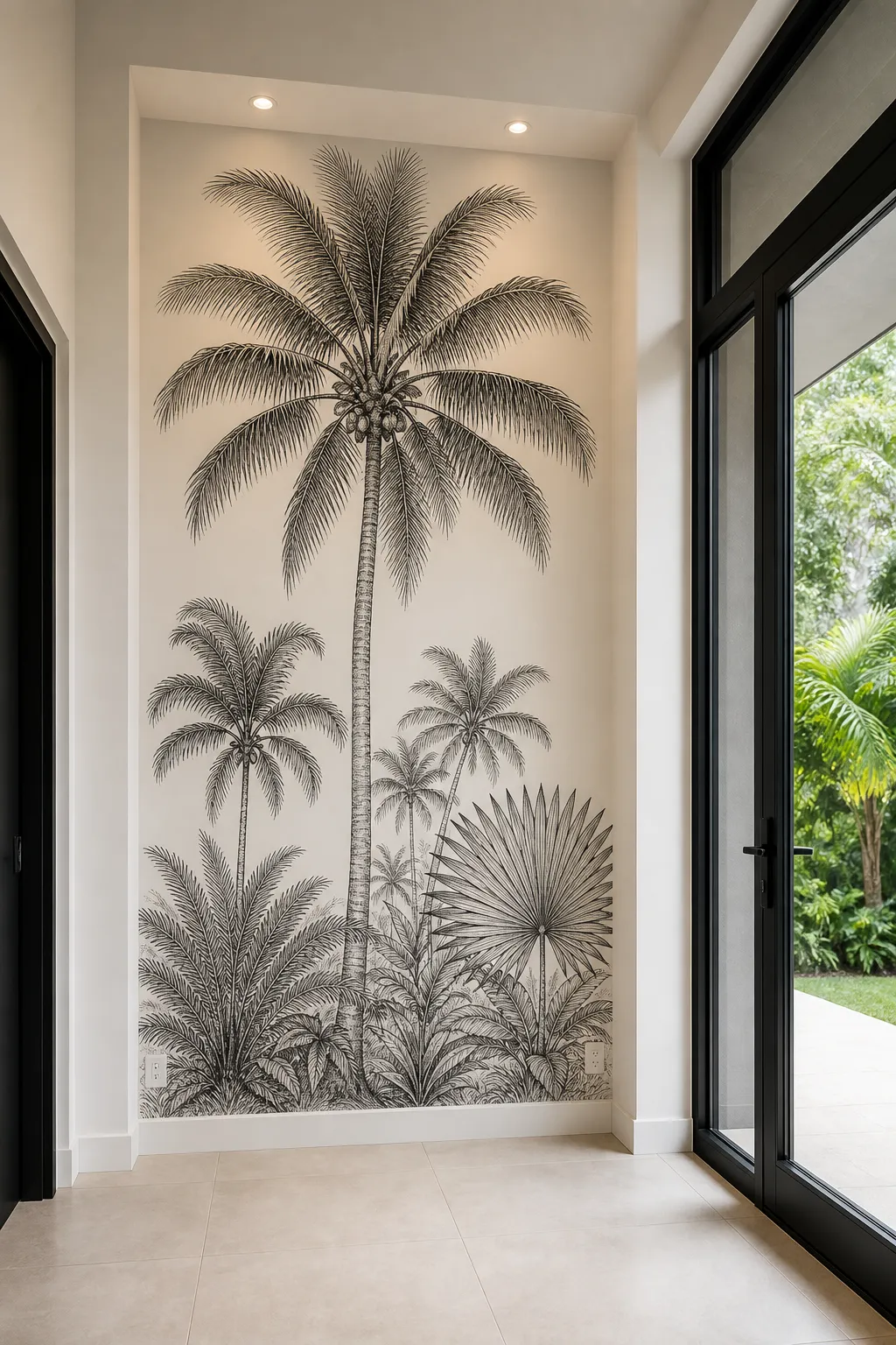 Modern entryway defined by minimal black palm line wallpaper and streamlined furniture
