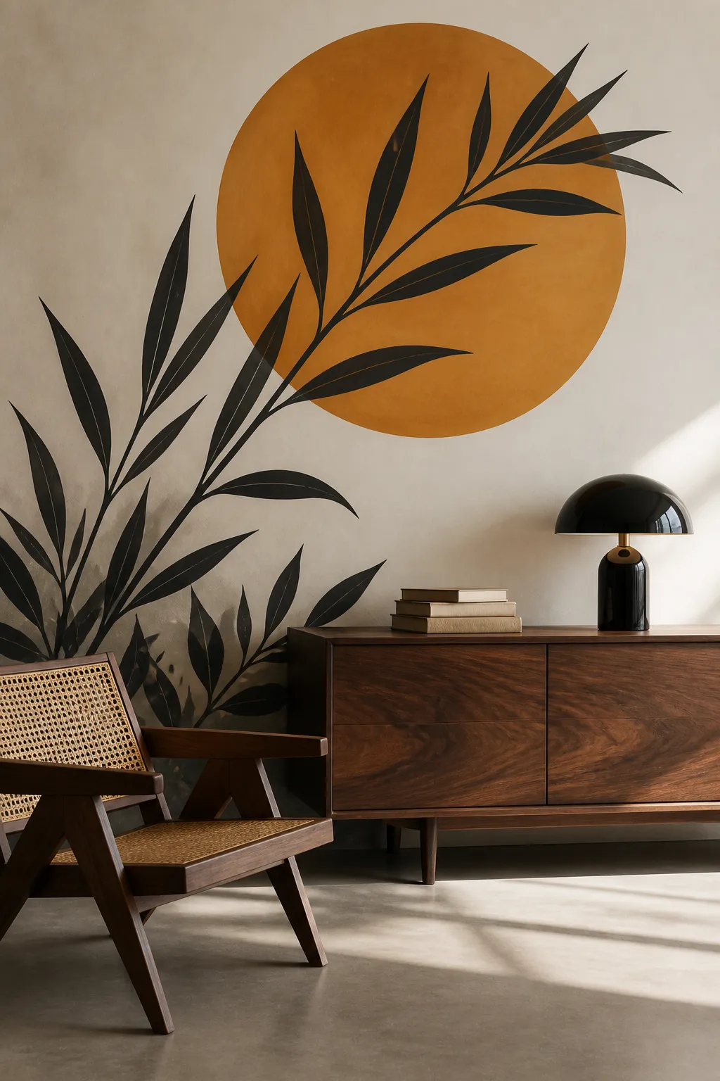 Minimal sun wall art paired with botanical decor and mid-century wooden furniture