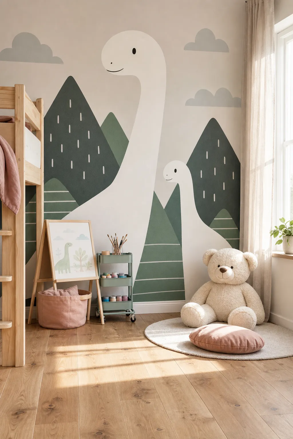 Bright creative playroom decorated with simple green dinosaur wall art