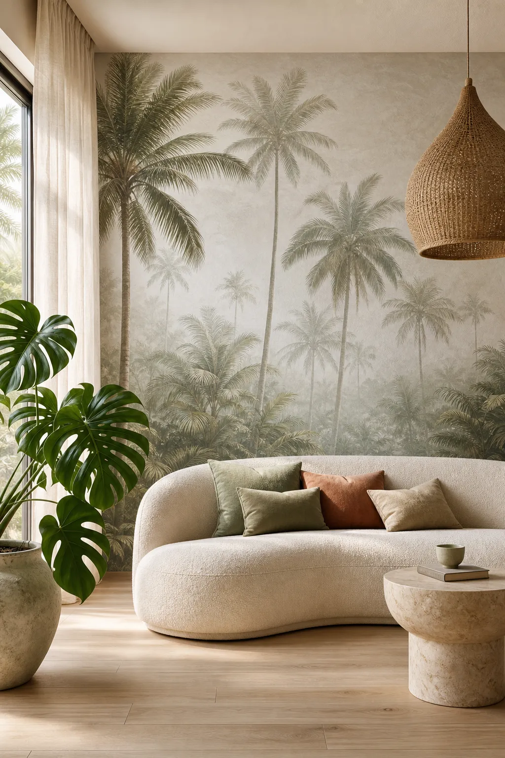 Calm tropical living room with a misty palm mural and neutral furnishings