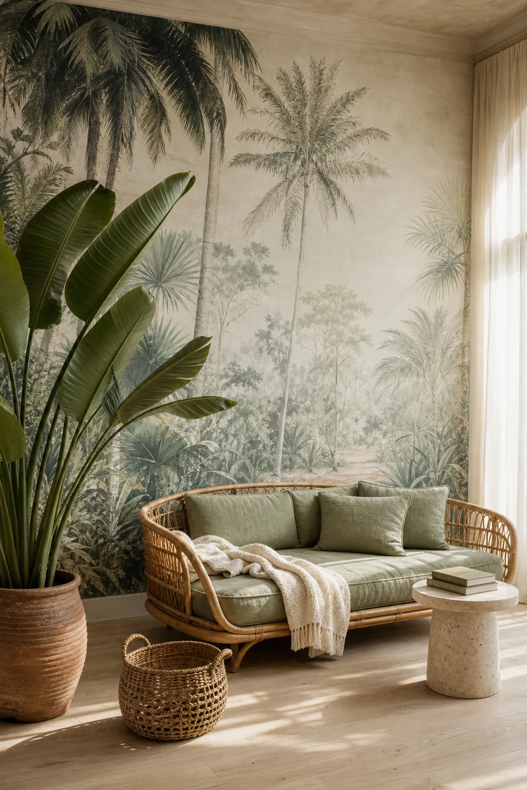 Secluded reading nook set against a misty palm mural