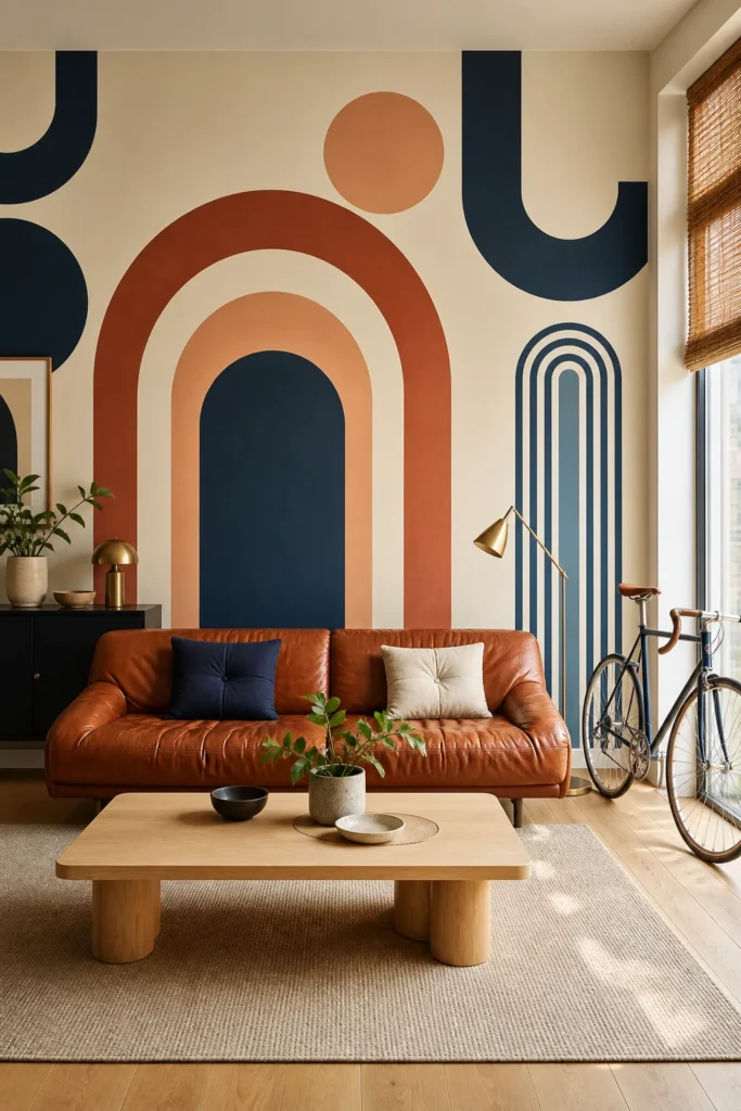Colorful modern living room framed by large painted arch shapes