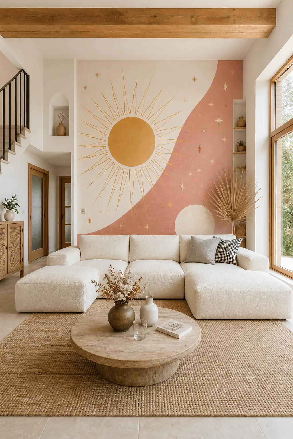 Modern boho living room with an earthy sun mural above the sofa