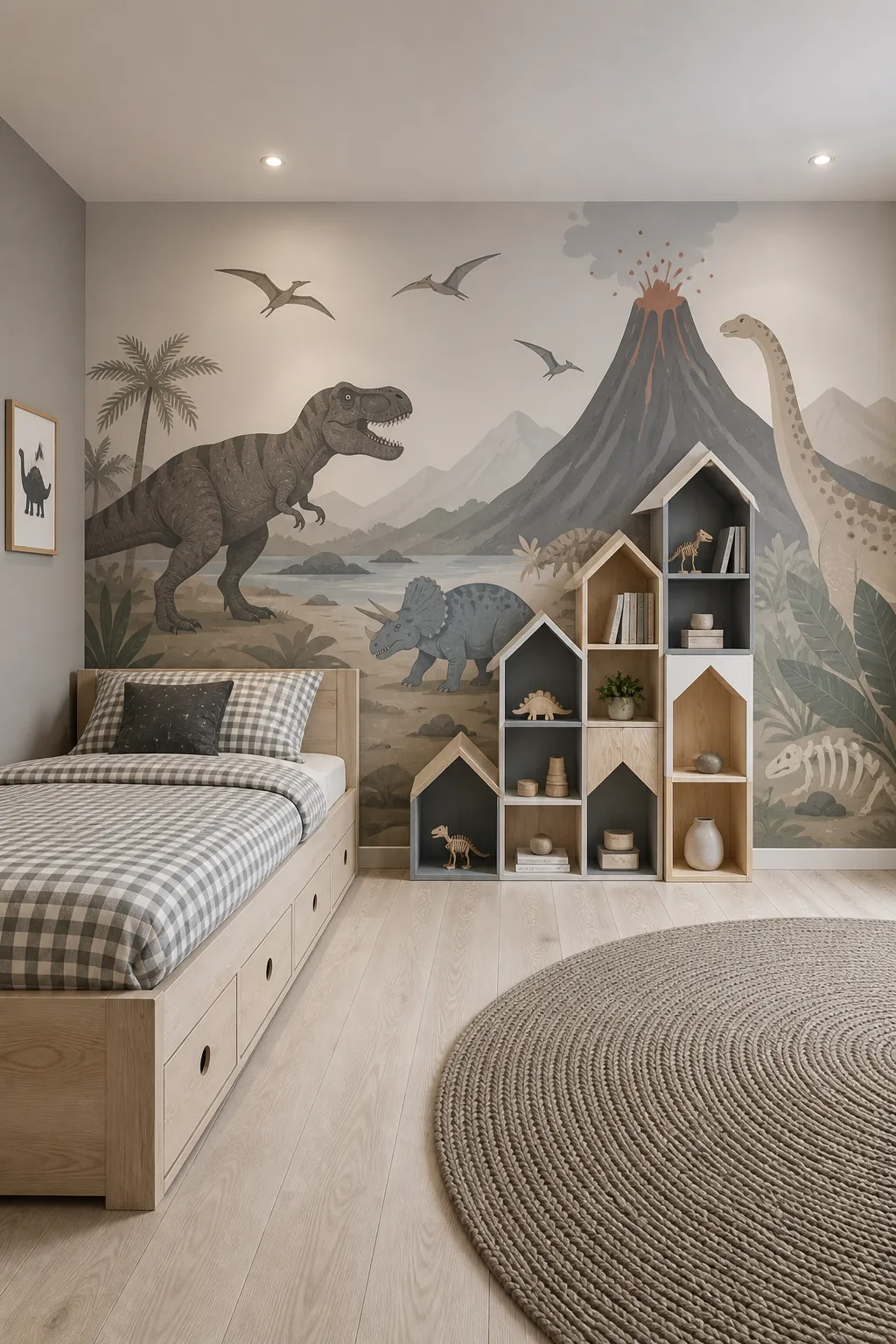 Modern kids room with a neutral dinosaur feature wall and understated furnishings