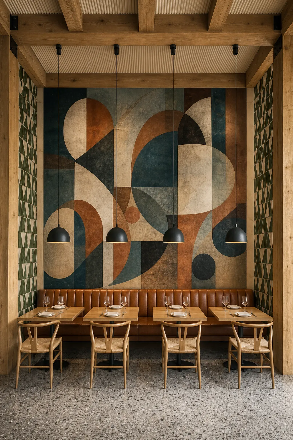 Modern restaurant dining area with a large abstract geometric backdrop