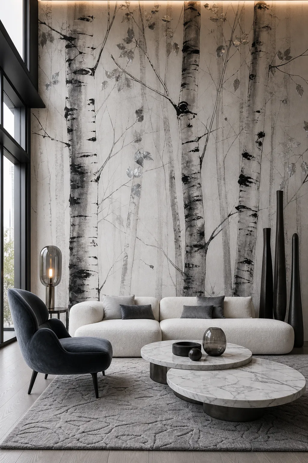 Crisp modern living room with a monochrome birch tree feature mural