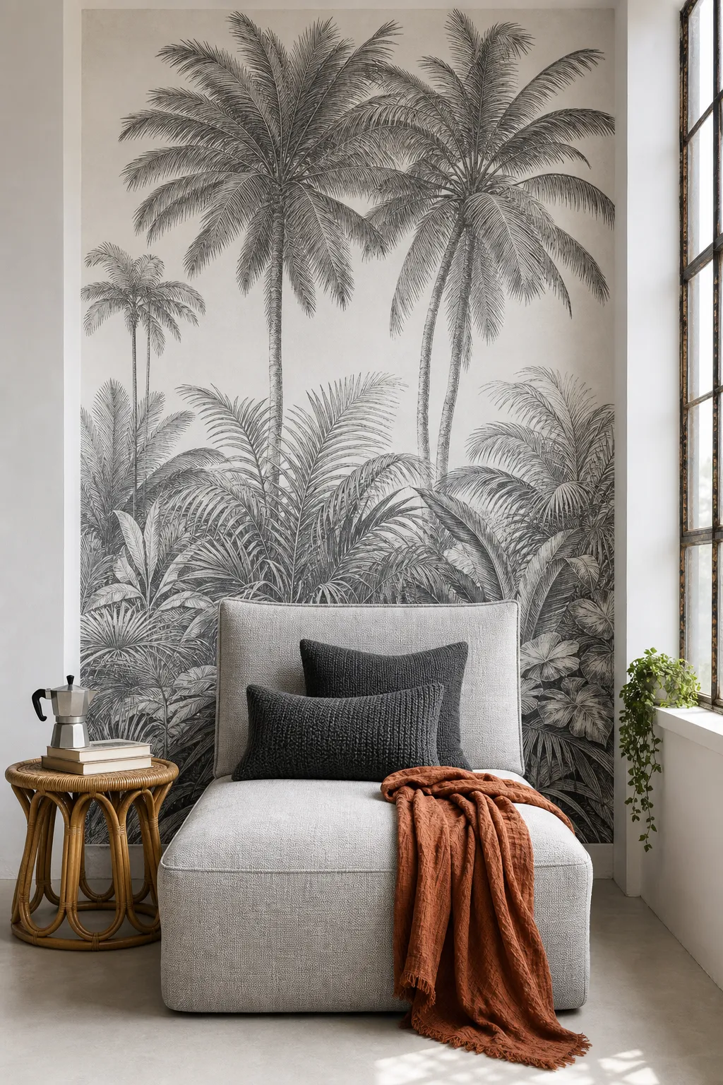 Cozy reading nook with monochrome palm wallpaper, a cushioned chair, and soft neutral textiles