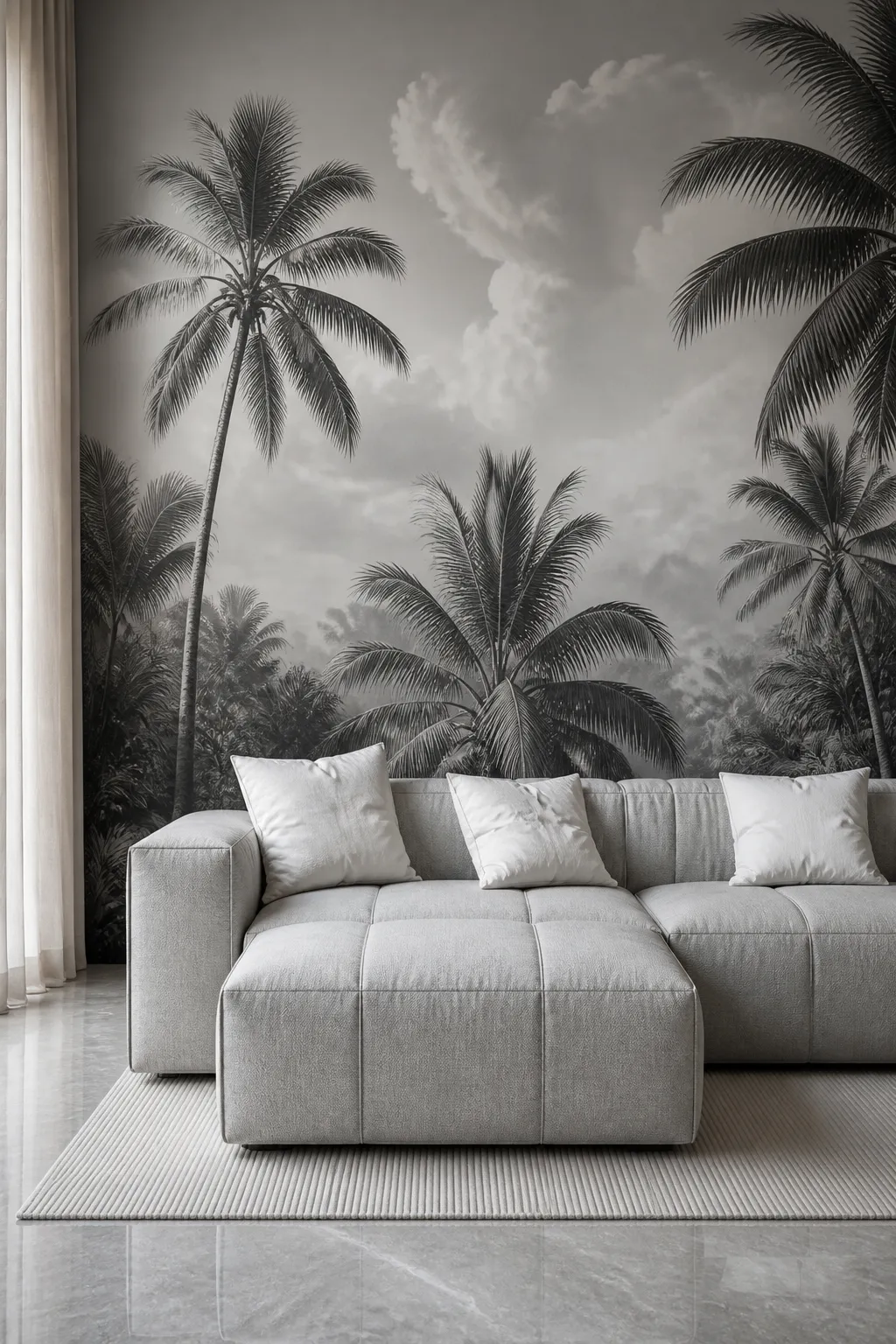 Serene living room with a tonal monochrome palm mural and soft neutral furnishings