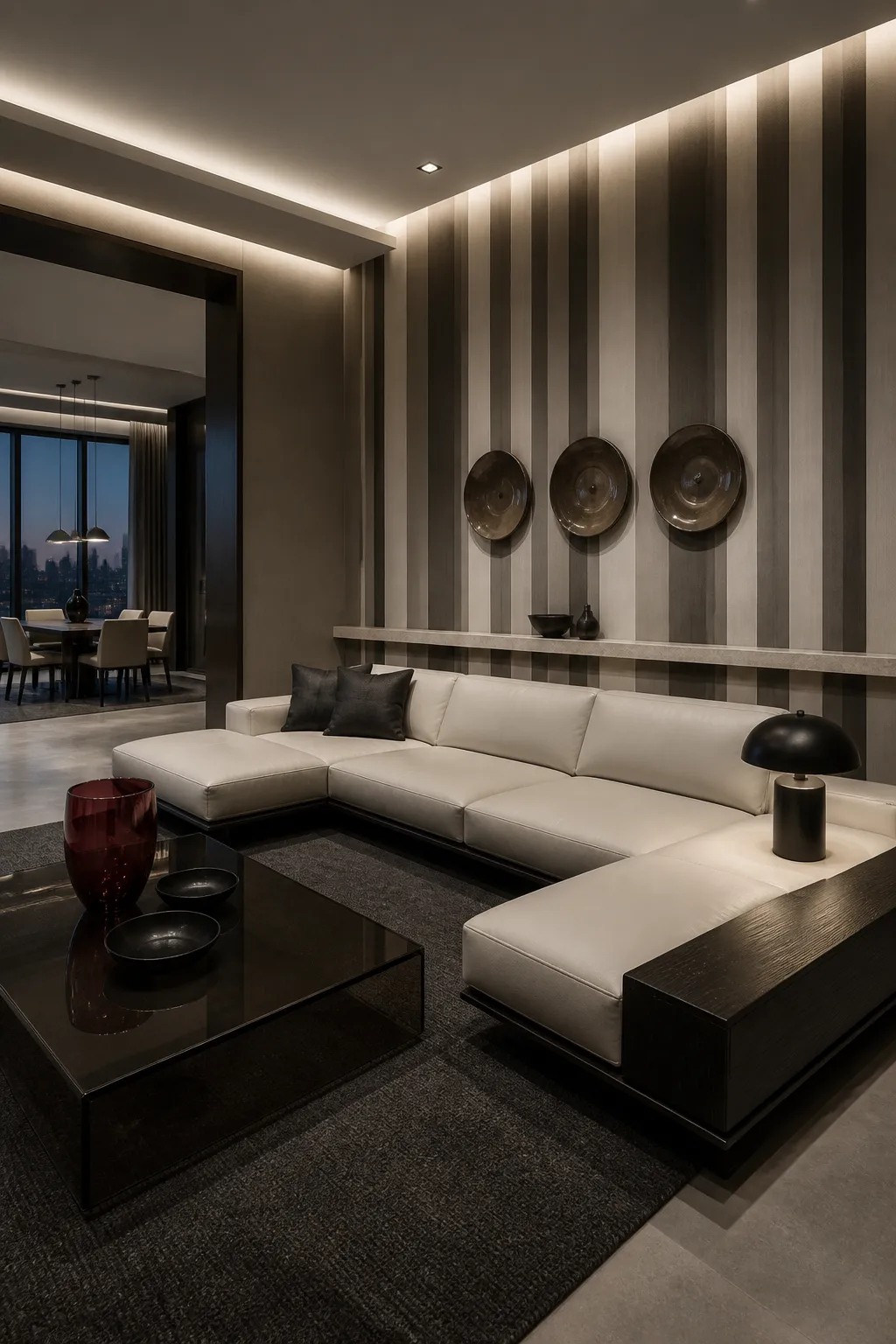 Cohesive monochrome living room featuring layered striped patterns