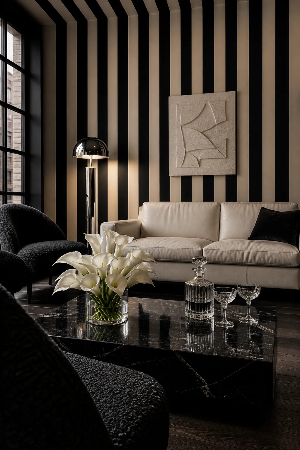 Crisp contemporary living room with monochrome striped wallpaper