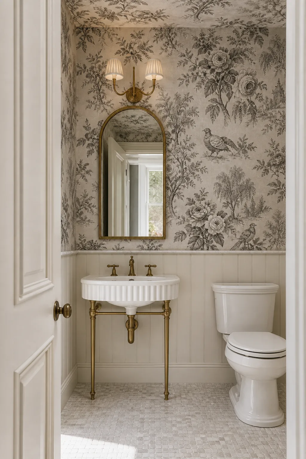 Elegant traditional bathroom wrapped in monochrome toile wallpaper