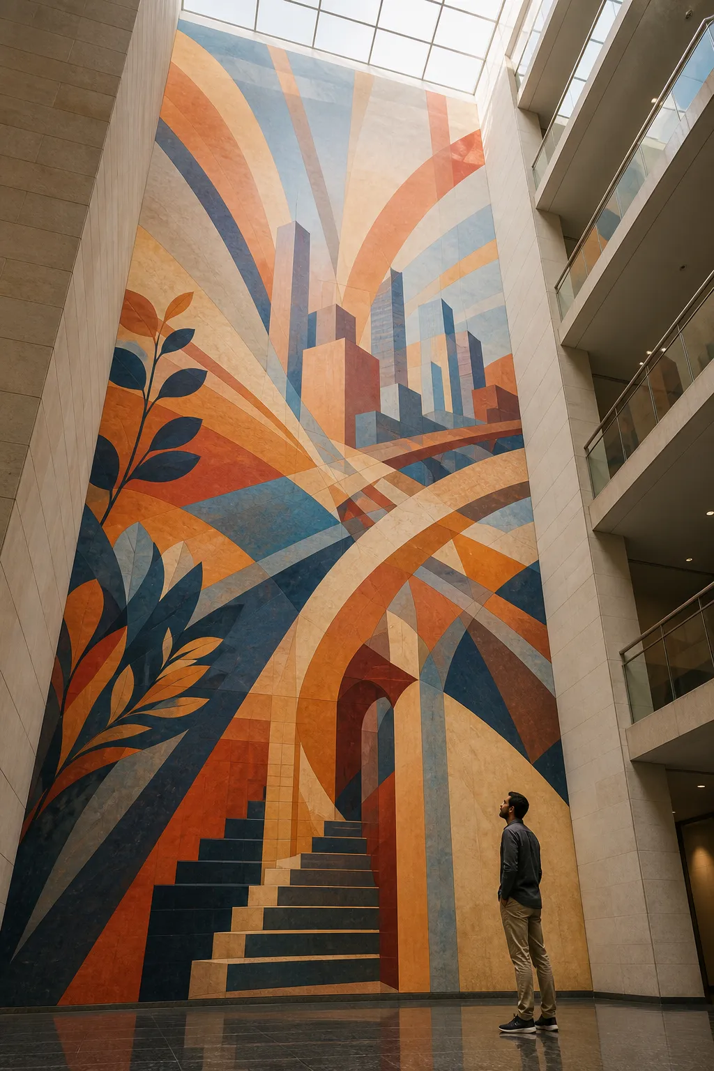 Monumental atrium with a towering geometric mural inspired by colorful city architecture