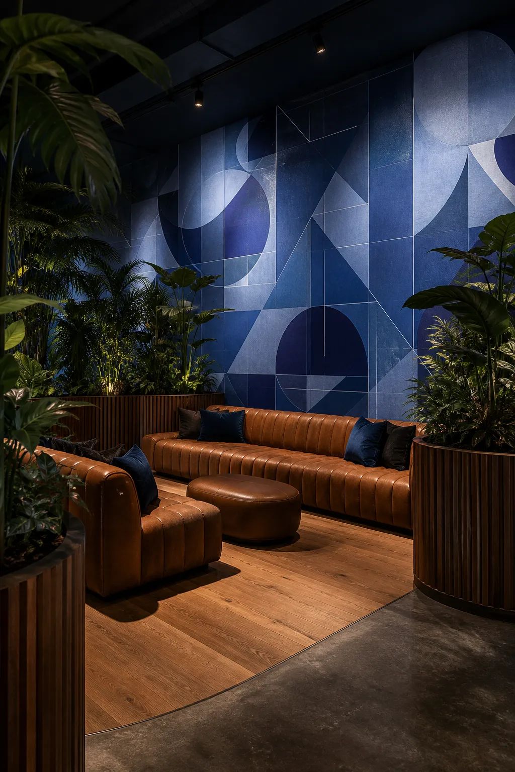Moody lounge with a deep blue geometric wall mural and contemporary seating