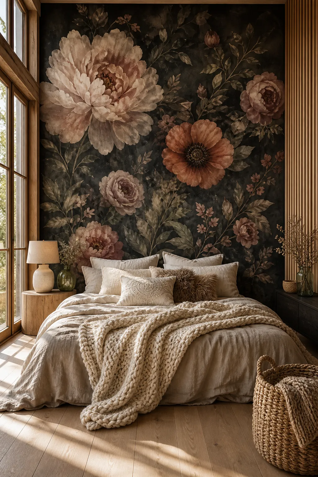 Moody romantic bedroom featuring blush rose artwork against dark dramatic walls