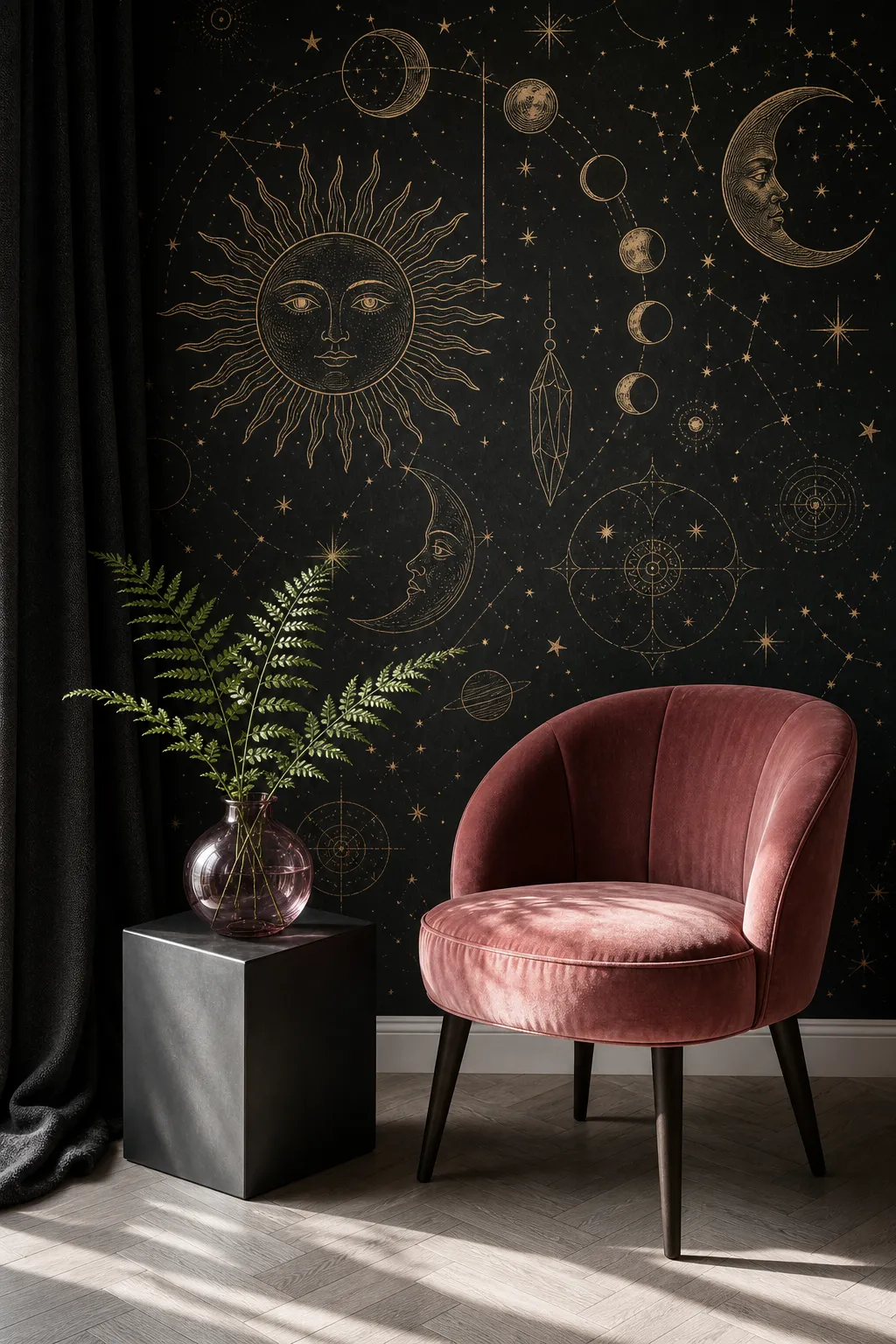 Quiet reading corner surrounded by a moody night-sky mural and soft ambient light