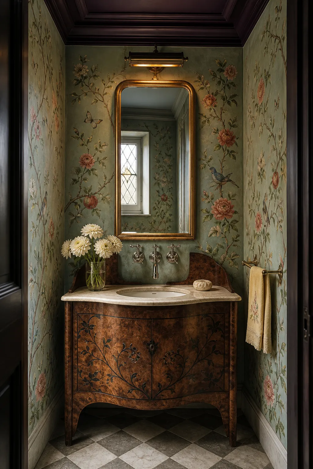 Small powder room wrapped in dark botanical chinoiserie wallpaper