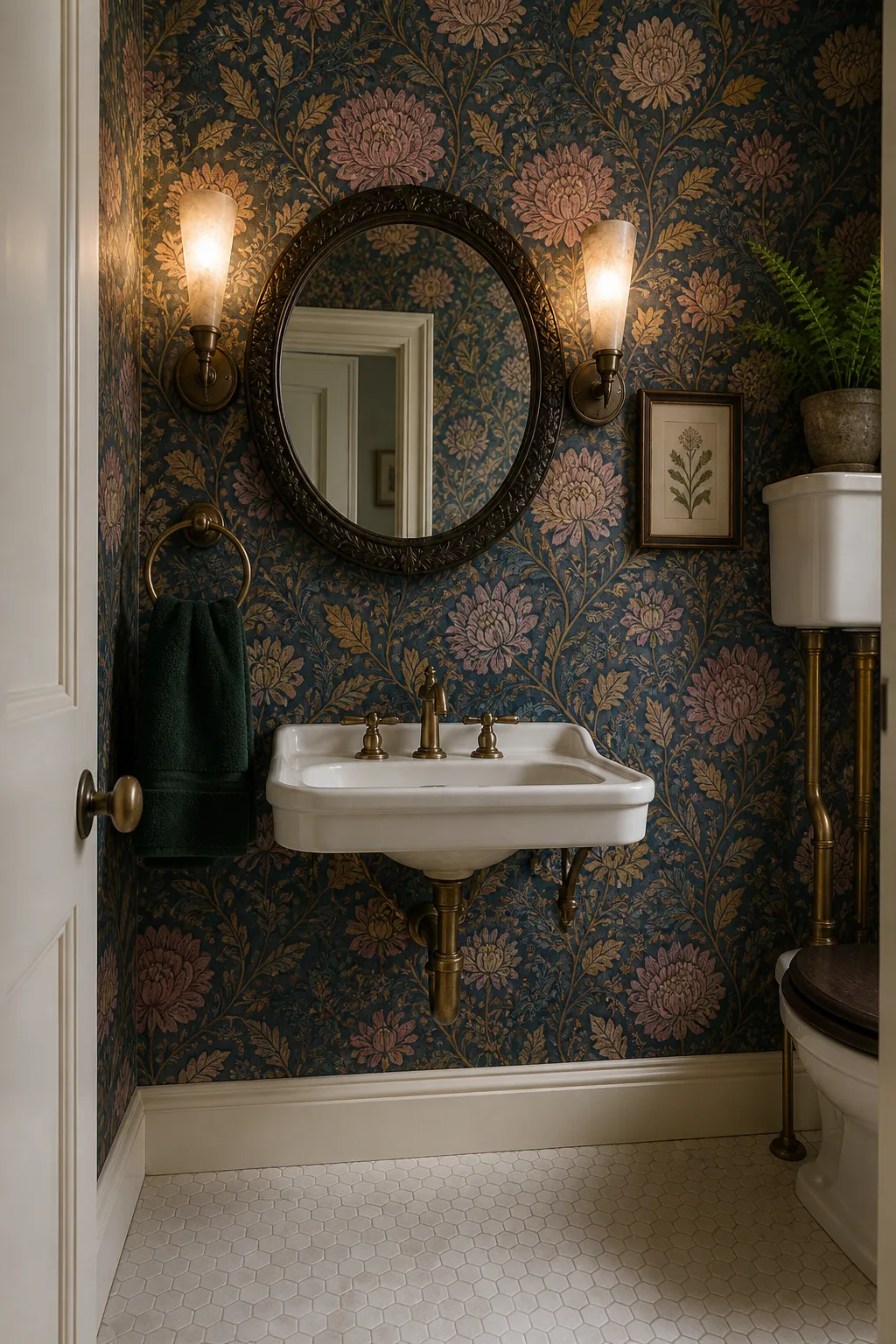 Moody teal bathroom with large mauve chrysanthemum wallpaper