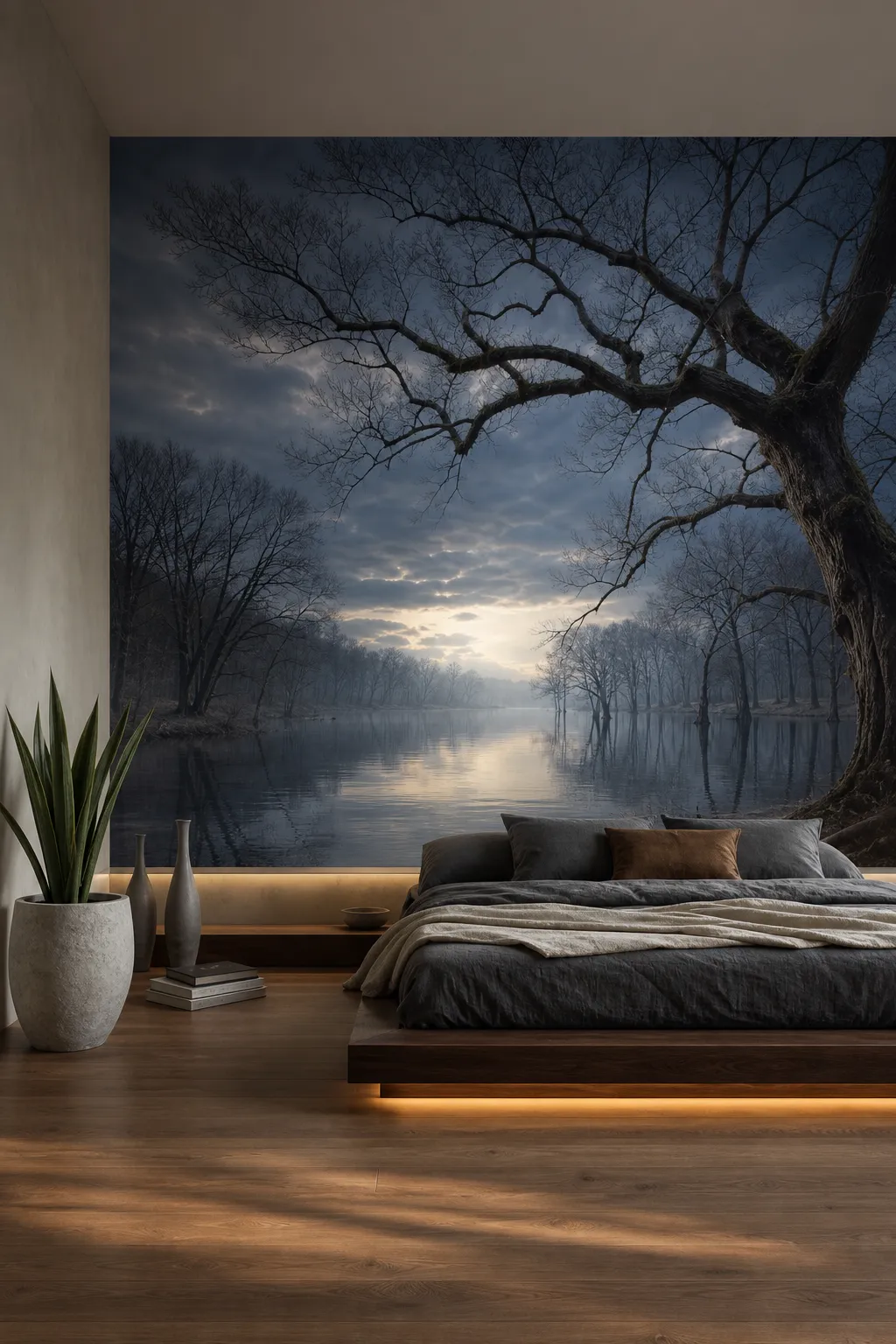 Moody bedroom featuring a misty flooded forest wall mural behind the bed