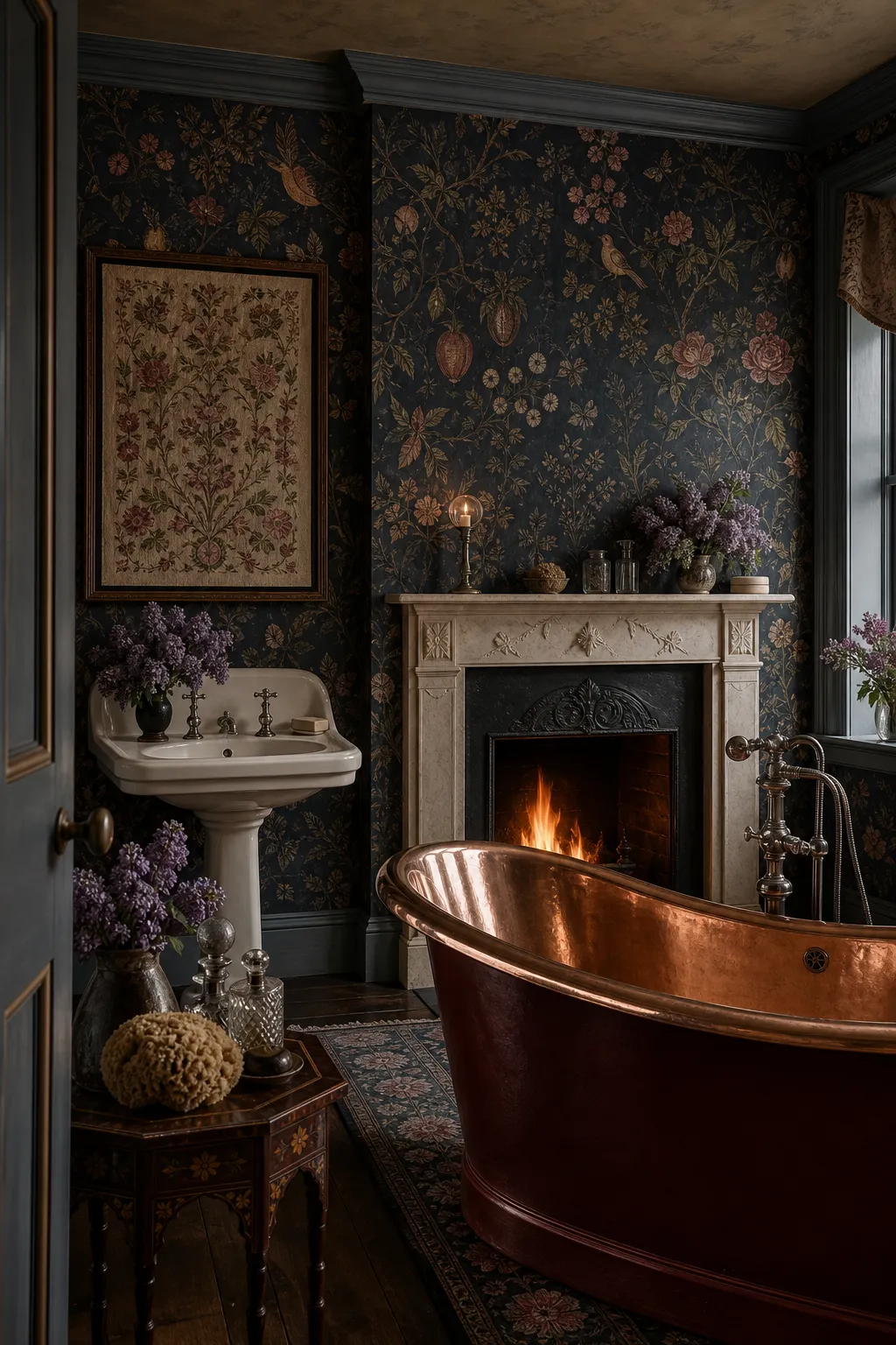 Intimate vintage bathroom wrapped in dark floral wallpaper with warm metal accents
