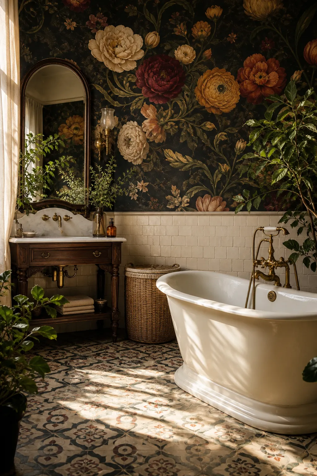 Traditional bathroom vanity framed by dark oversized floral wallpaper