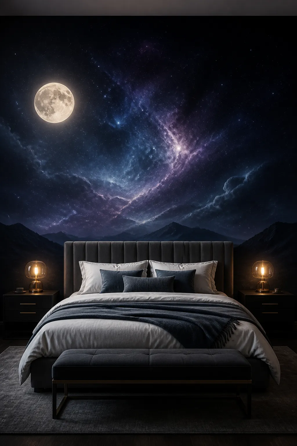 Moody bedroom with a dark galaxy mural and luminous moon behind the bed