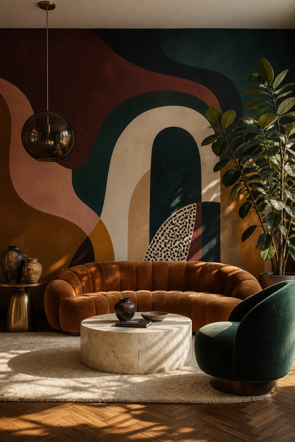 Contemporary lounge with layered moody organic shapes across the wall