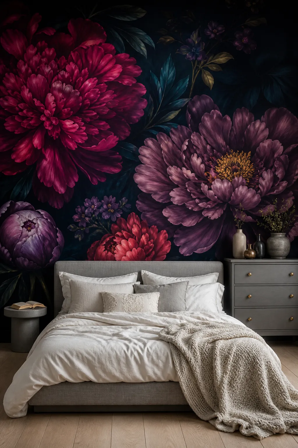 Bedroom with a dramatic mural of layered pink peonies behind the bed