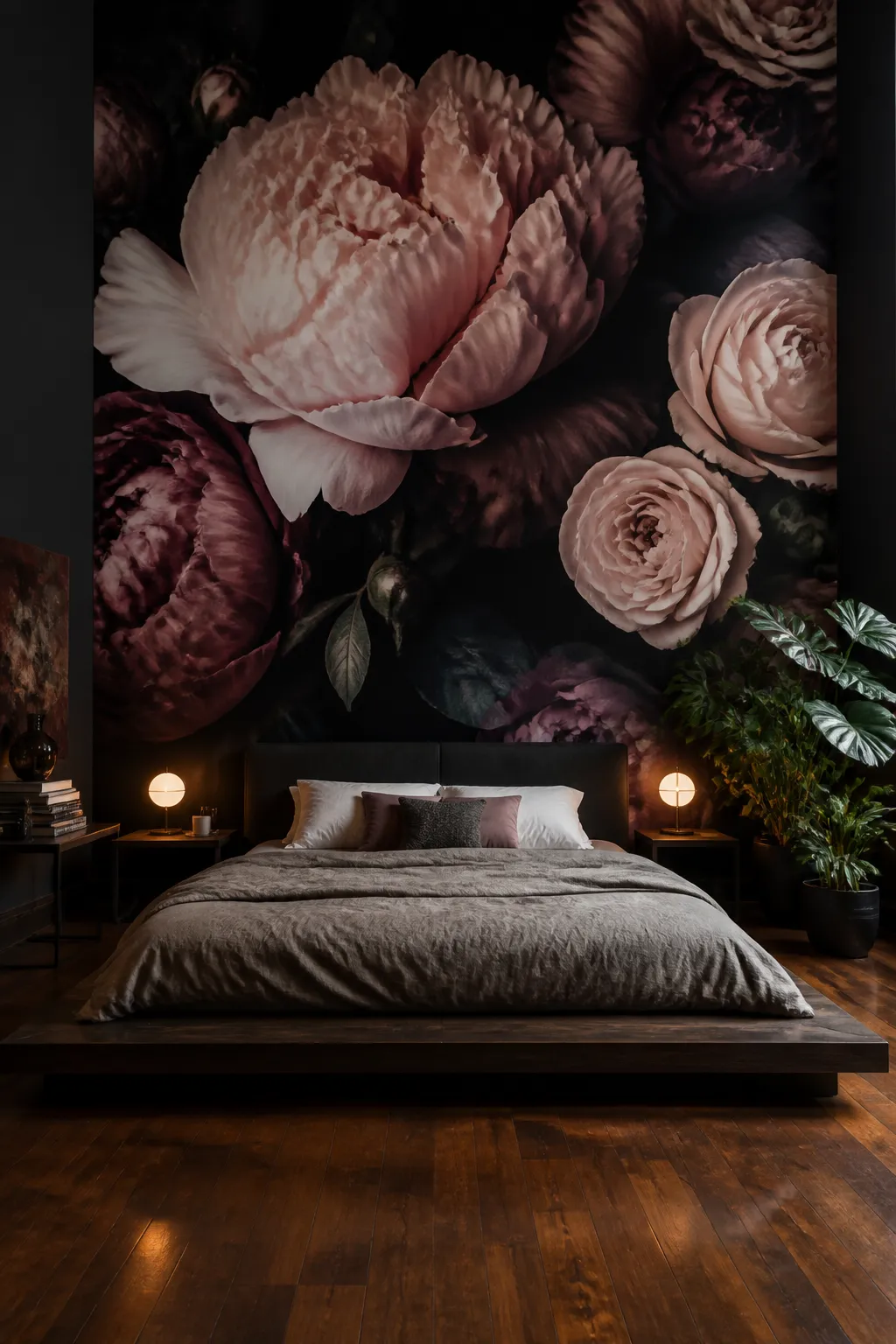 Cocooning bedroom surrounded by moody pink flowers and deep shadowy colors