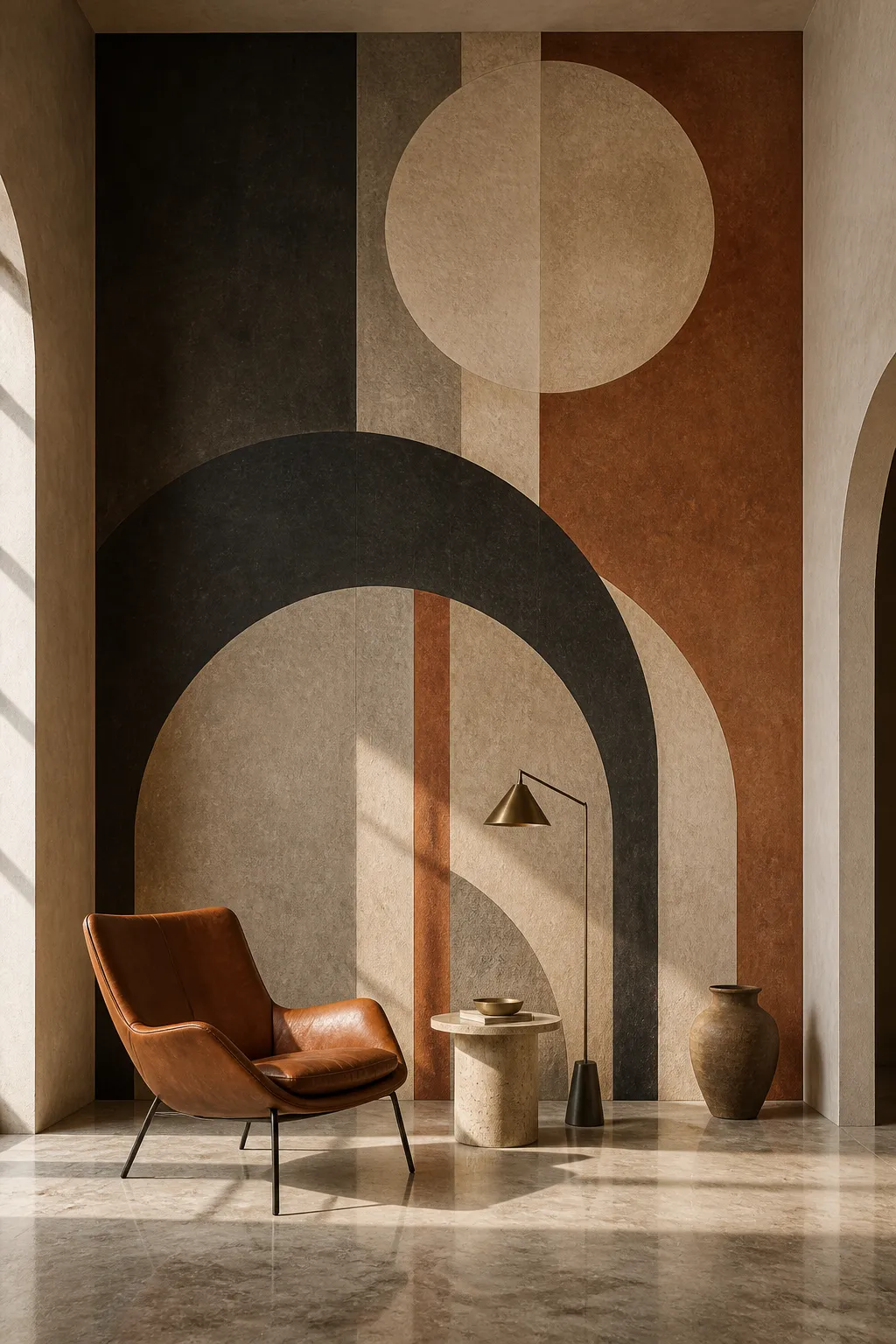 Cozy reading corner surrounded by moody terracotta geometric shapes