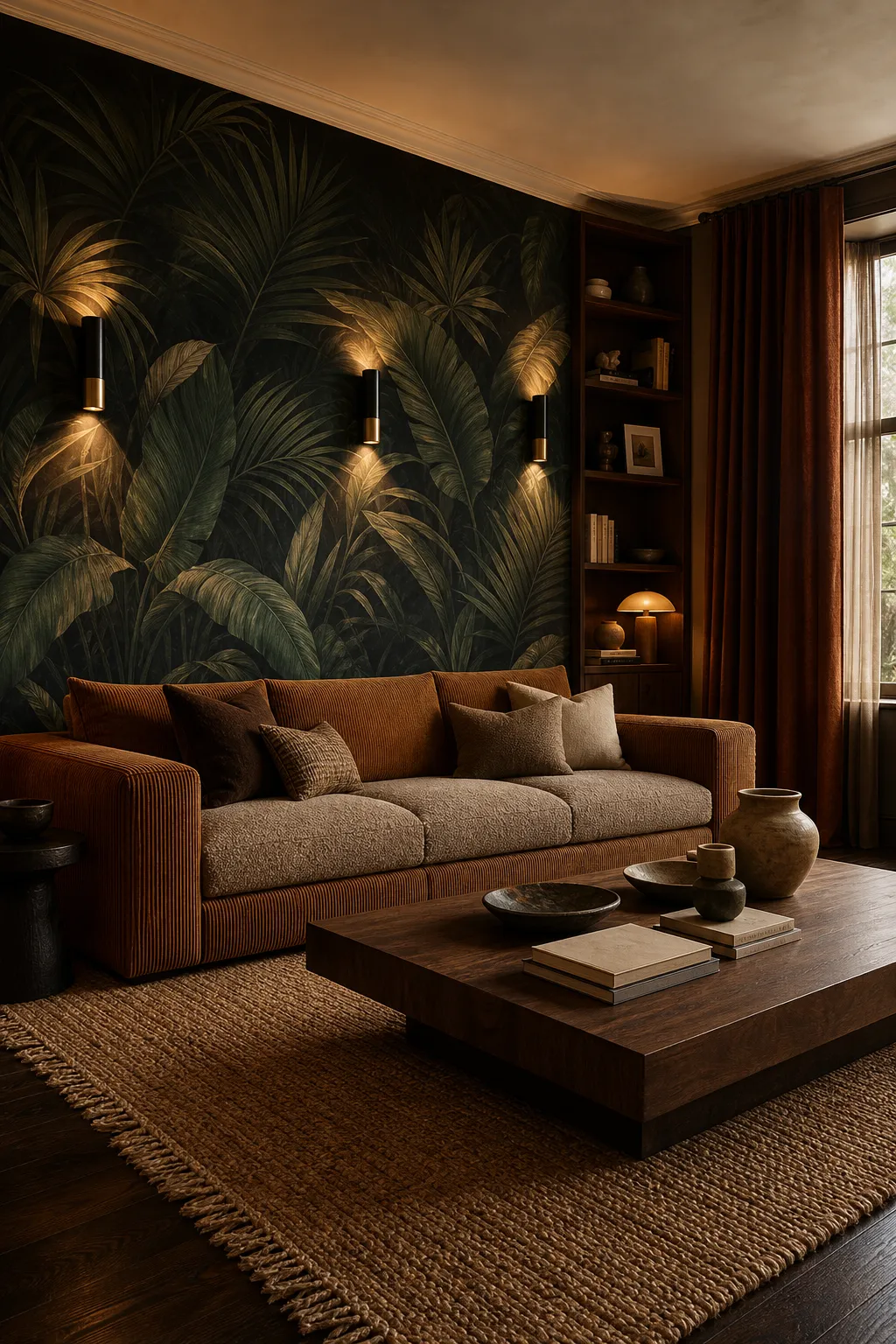 Atmospheric living room layered with a moody tropical palm mural and dark furnishings