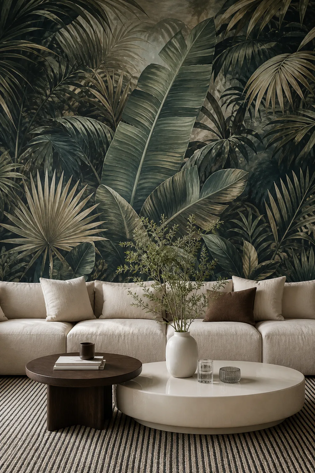 Luxe tropical living room layered with a moody palm mural, plush furniture, and metallic decor