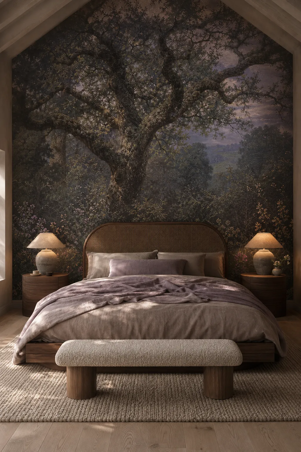Moody bedroom enveloped by a dark woodland wall mural