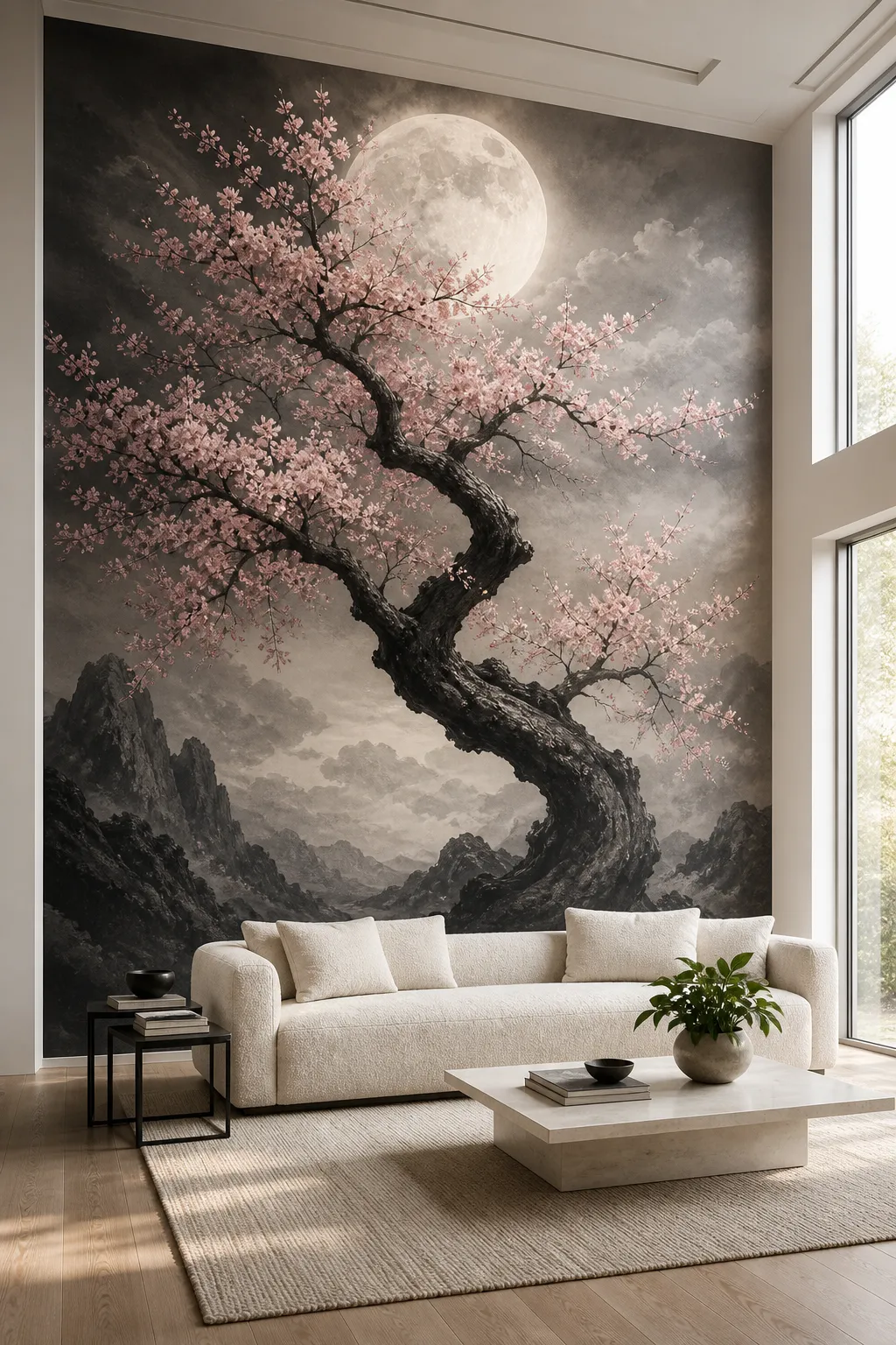 Dreamy bedroom with moonlit cherry blossoms across a dusky feature wall
