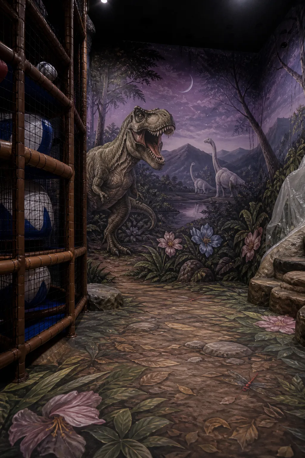 Indoor playground featuring a moonlit Jurassic landscape mural