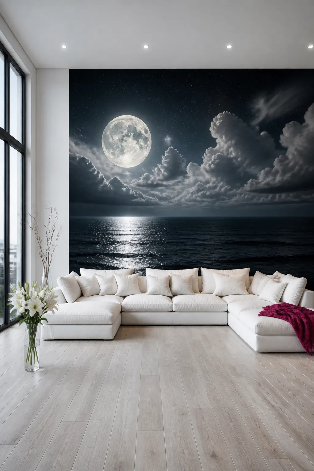 Modern living room with a moonlit ocean wall mural, pale sofa, and sleek furnishings