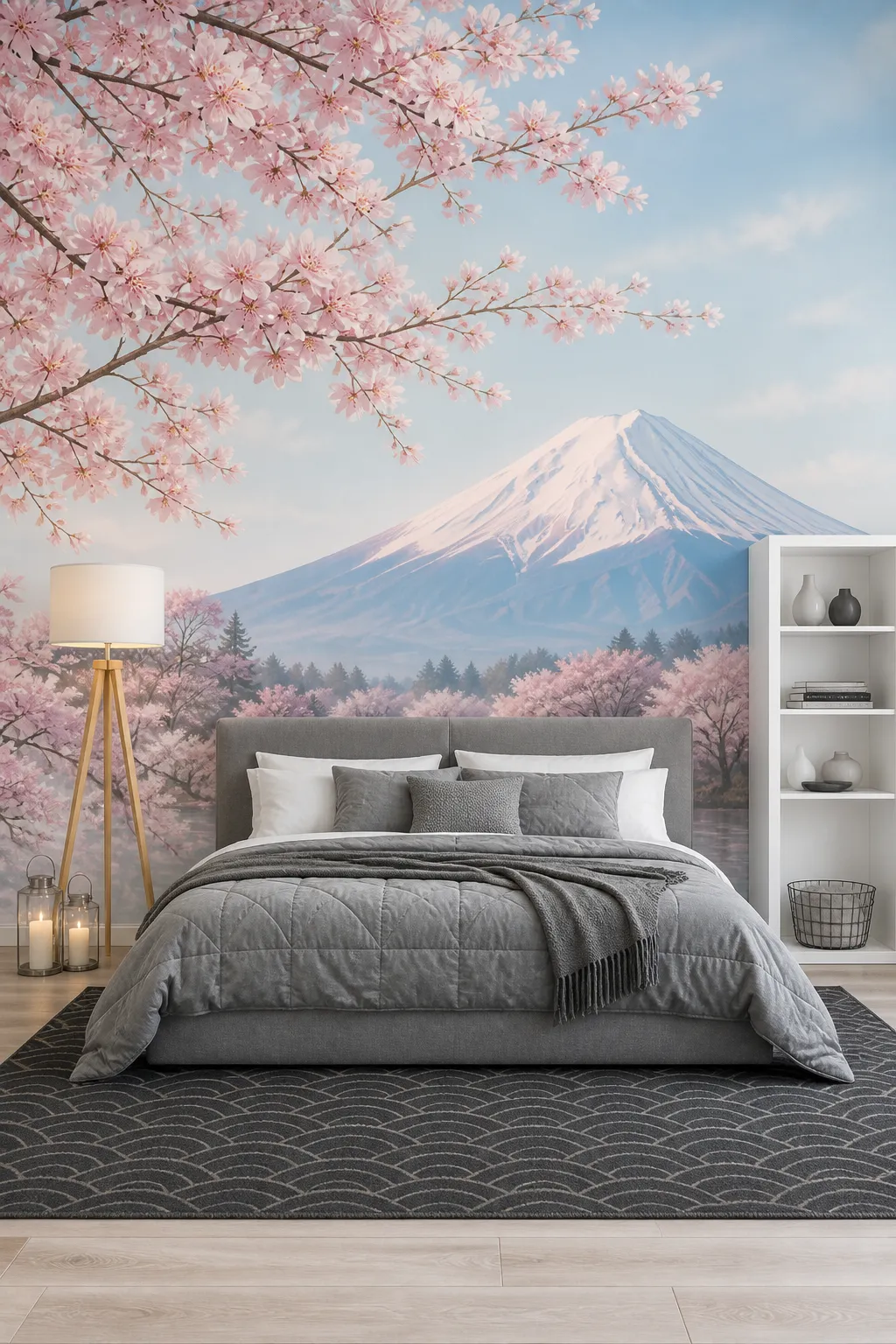Peaceful bedroom mural depicting Mount Fuji framed by pink spring blossoms