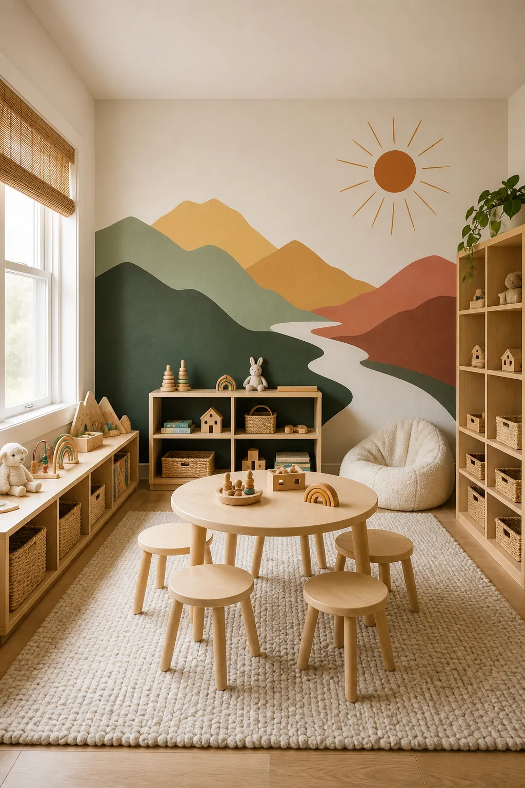 Cozy children's playroom with painted mountains, a rising sun mural, and warm neutral decor