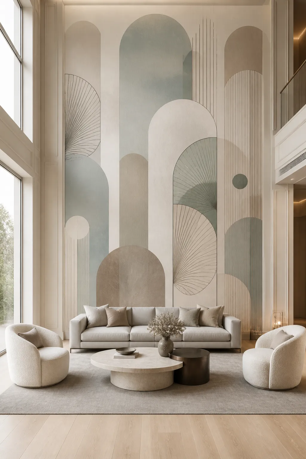 Muted geometric arch mural accented with delicate botanical details