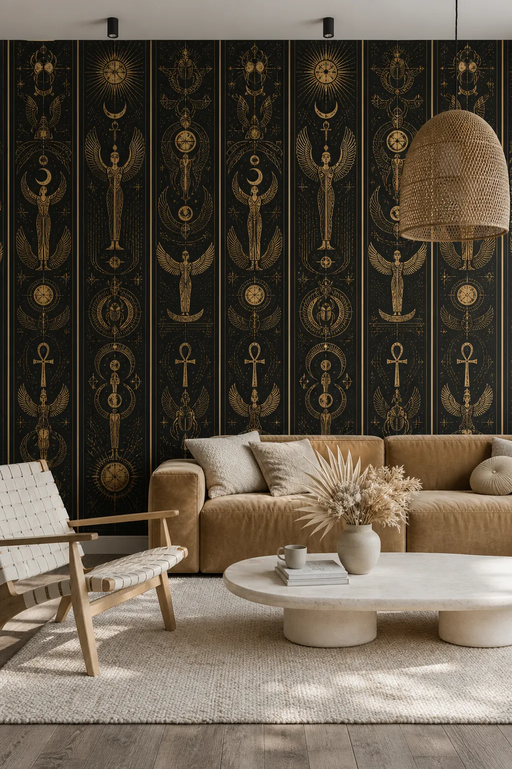 Interior combining Egyptian-inspired motifs with celestial Art Deco patterns