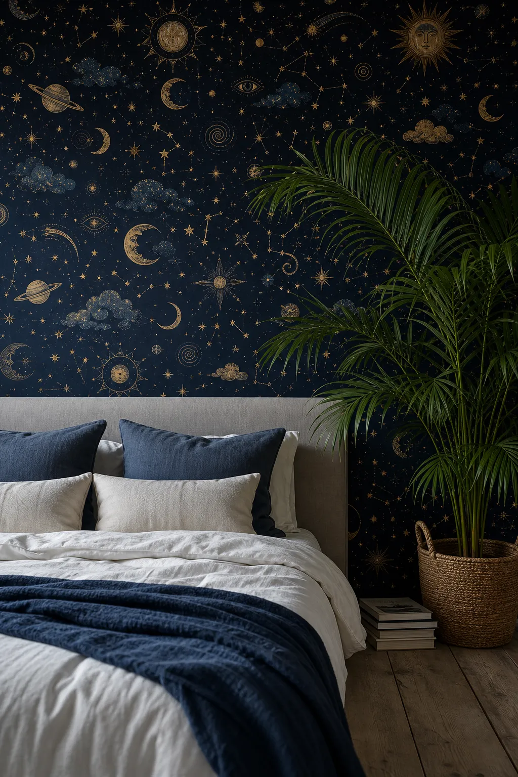 Cozy navy bedroom with night-sky wall details, layered bedding, and warm bedside lamps