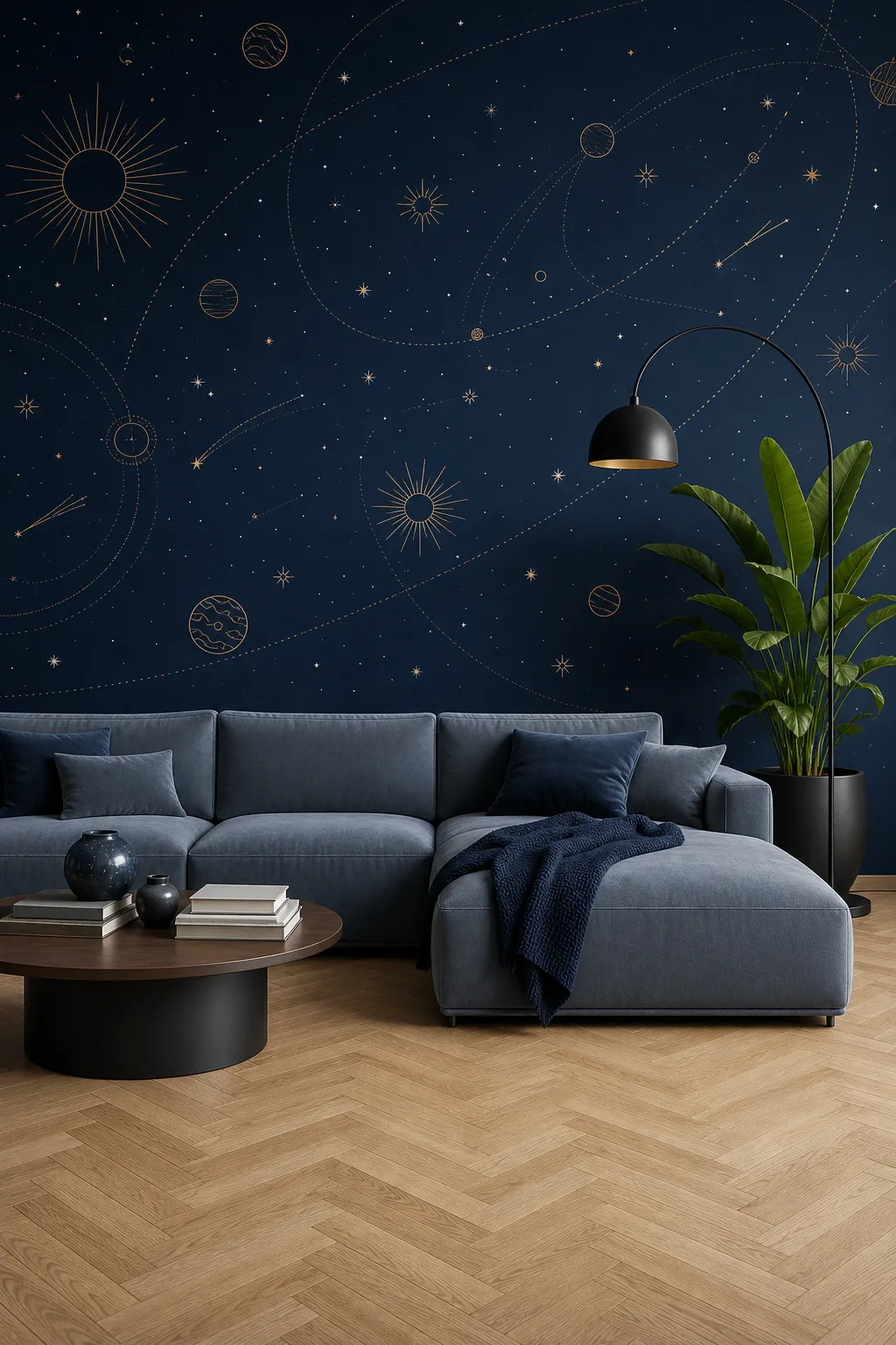 Refined living room with a navy celestial mural, tailored sofa, and brass details