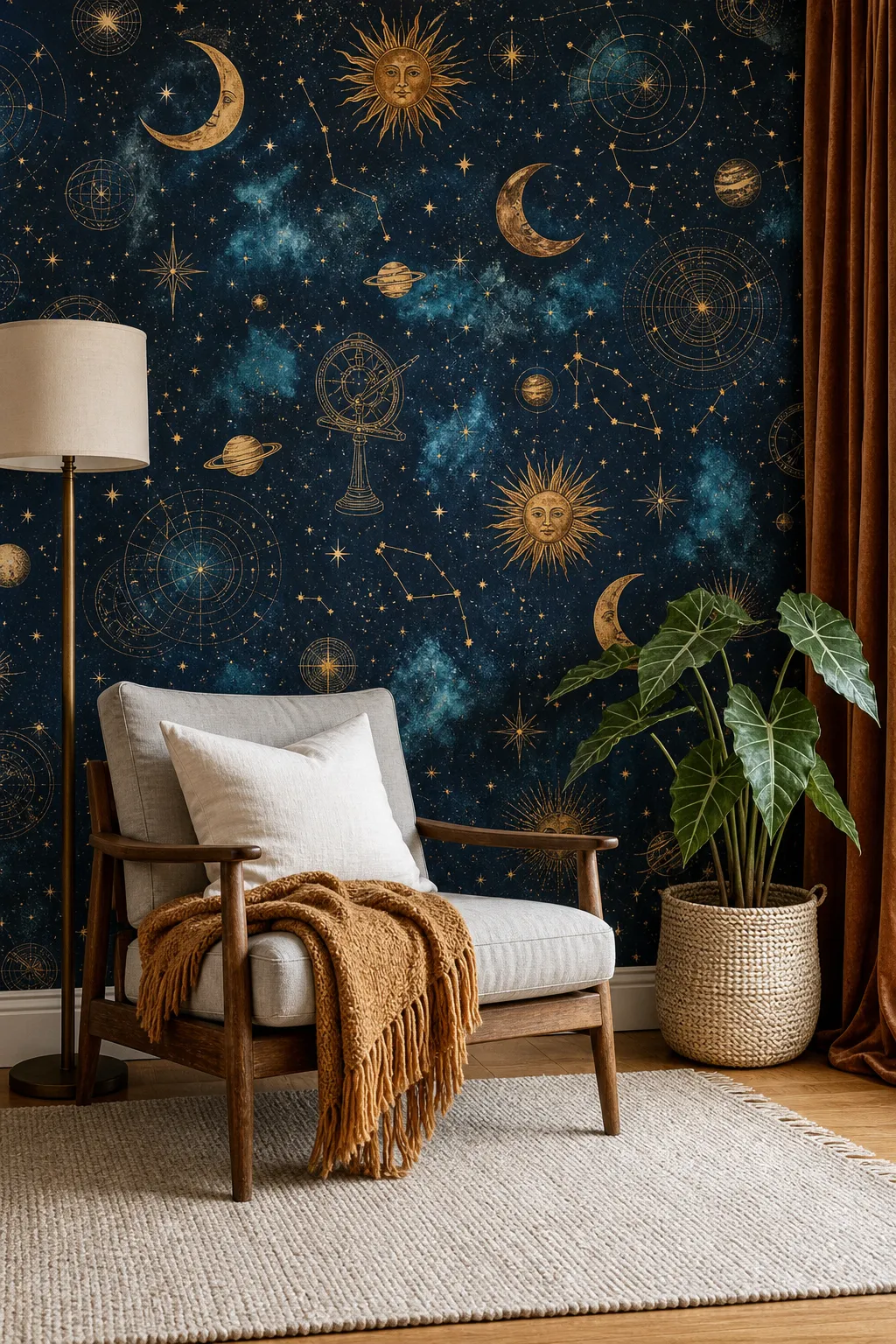 Cozy reading nook with an armchair beneath a navy wall filled with stars