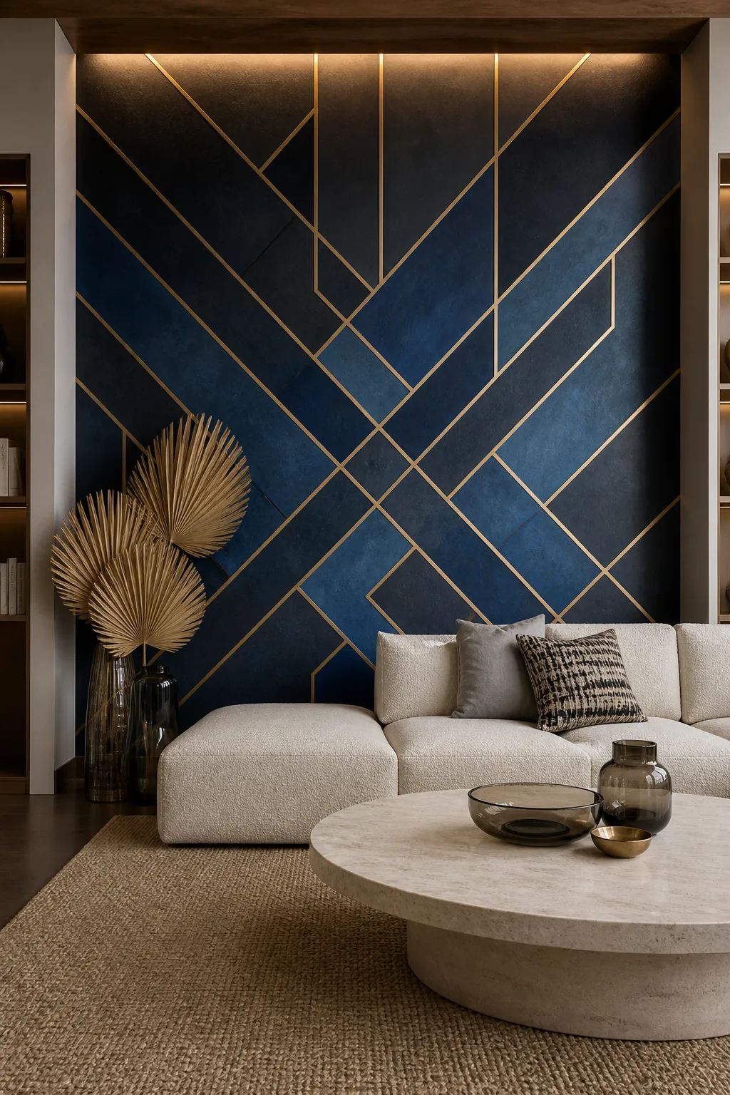 Navy geometric feature wall detailed with fine gold Art Deco lines