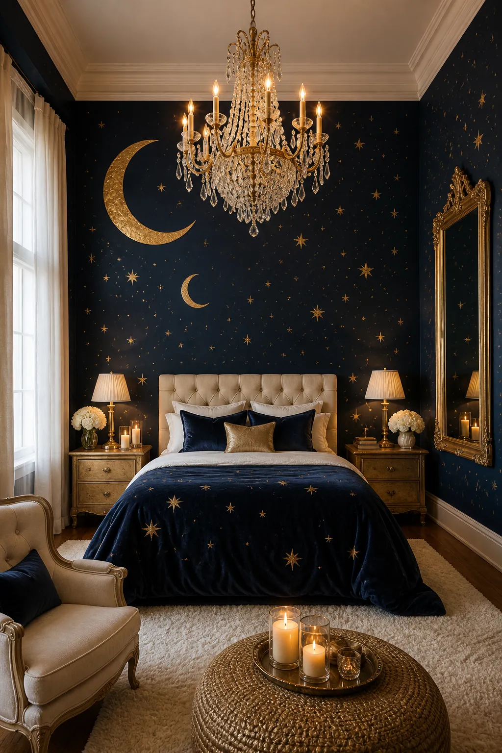 Navy bedroom with gold star details and a glamorous chandelier