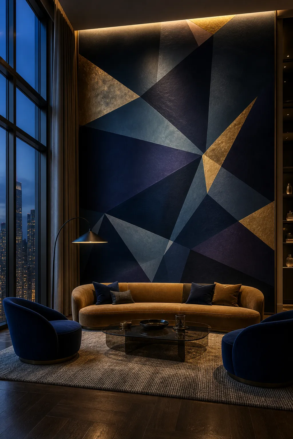 Luxury living room with a dramatic navy and gold geometric feature wall