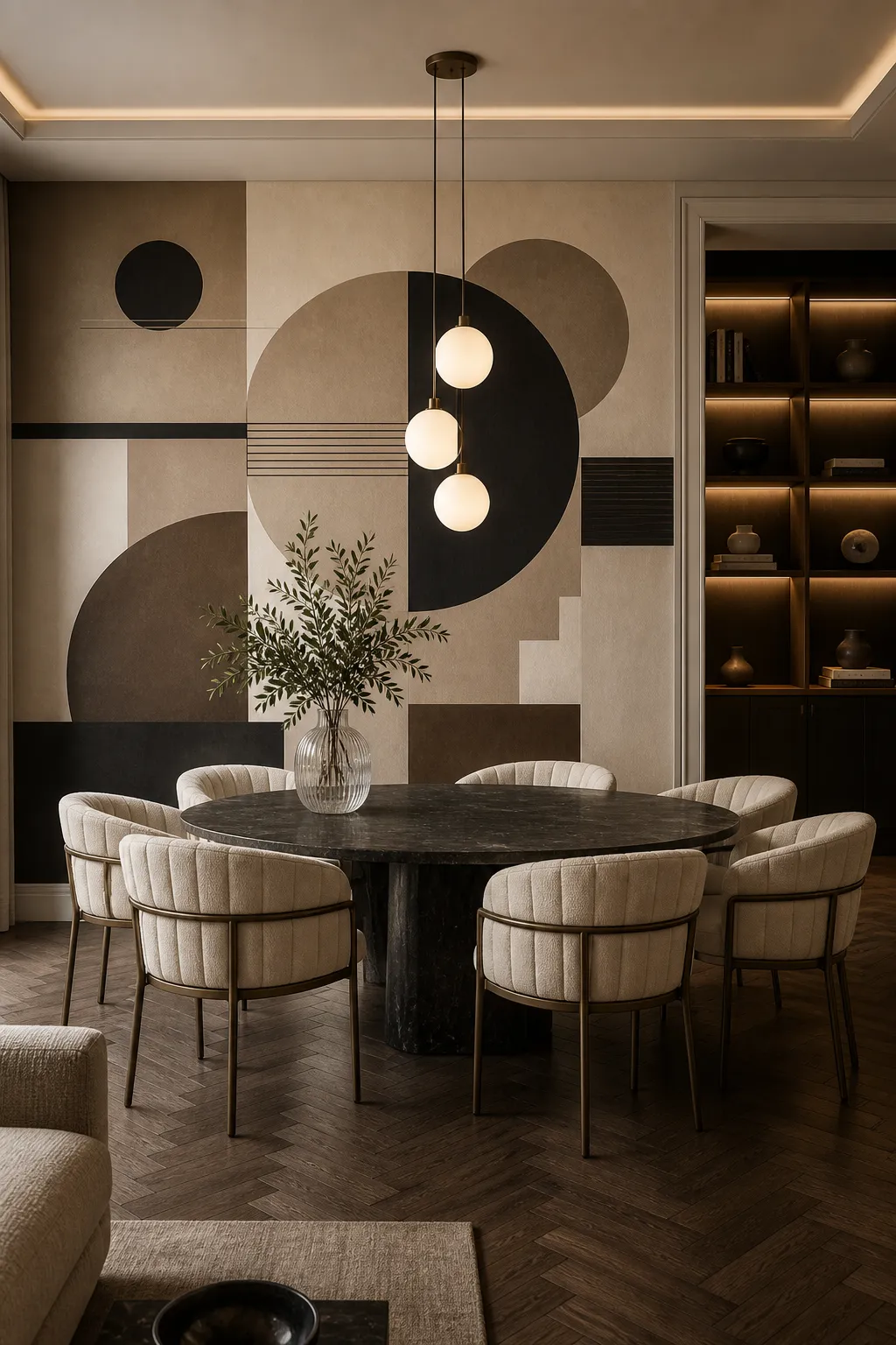 Chic dining room with neutral Bauhaus-inspired circles, arches, and geometric forms