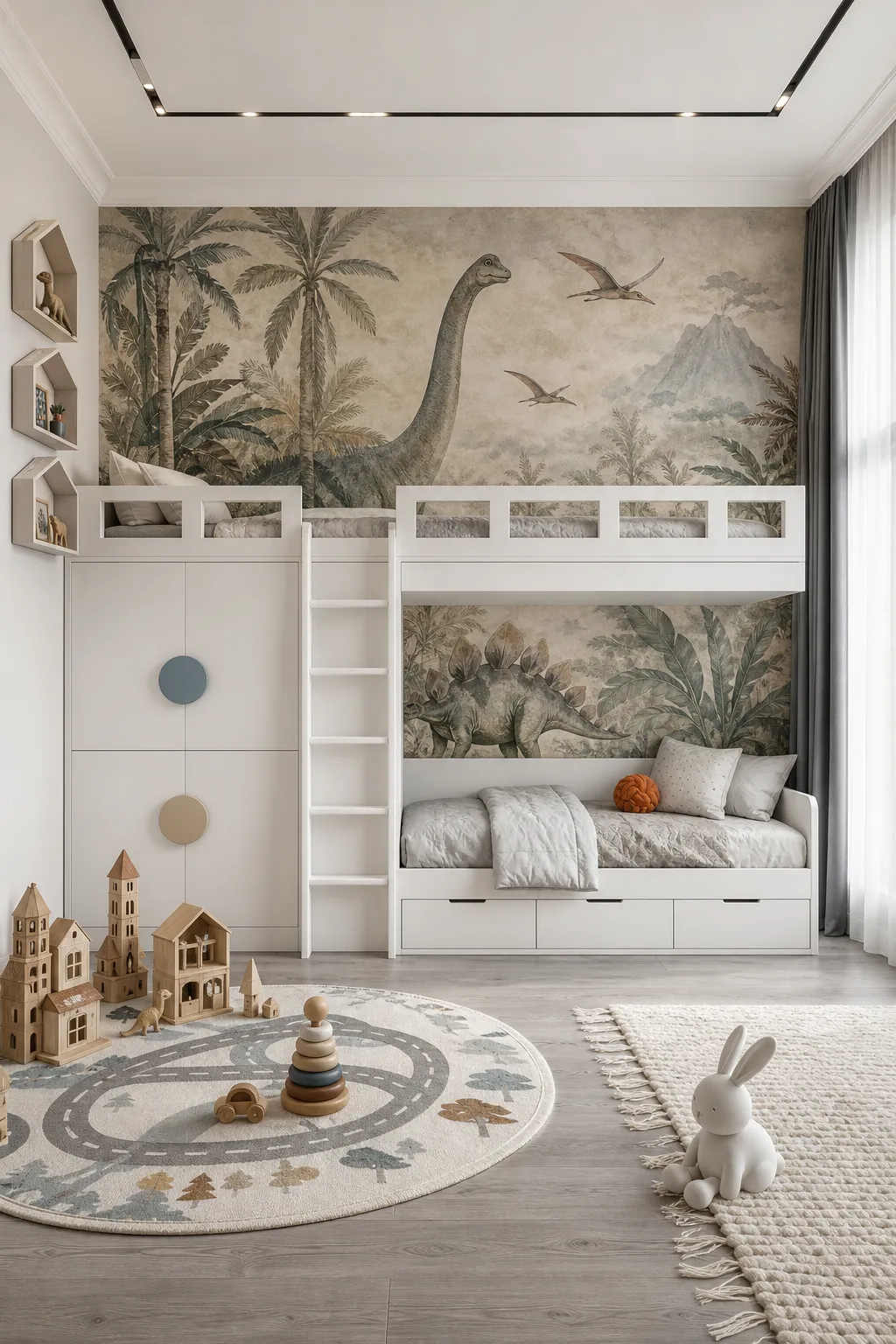 Modern neutral bedroom with a softly colored dinosaur wall mural