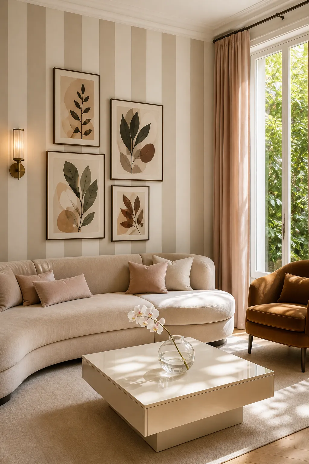 Gallery wall arranged over soft neutral striped wallpaper