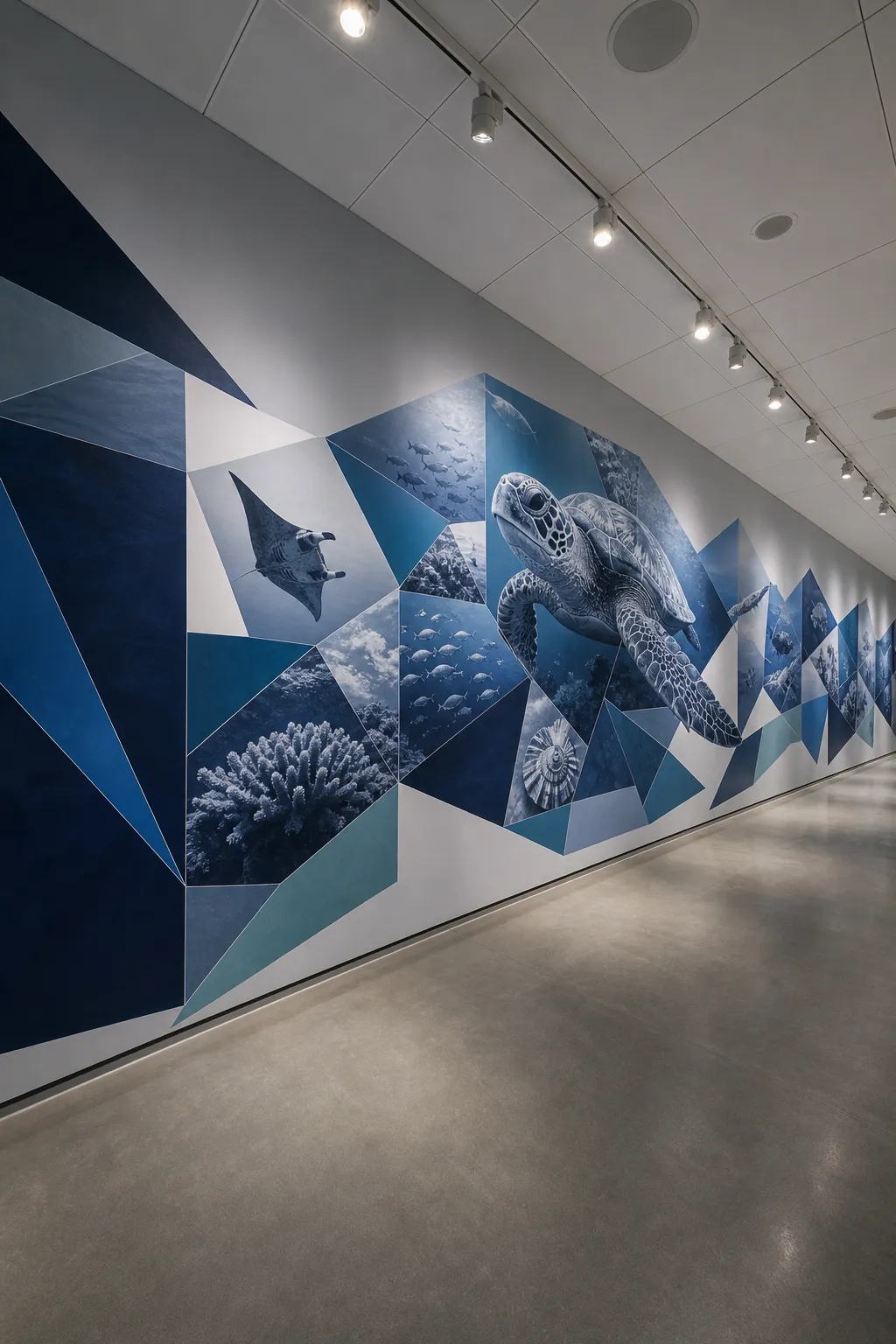 Creative corridor mural blending stylized ocean life with colorful geometric forms