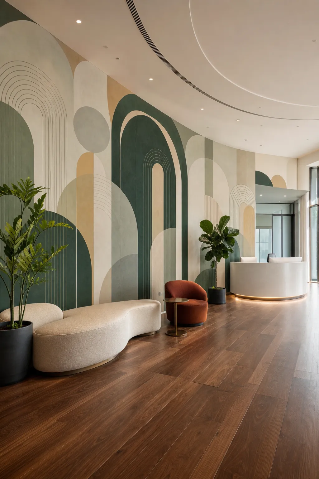 Office lobby featuring a fresh mural of layered organic green shapes